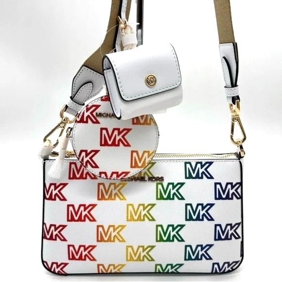 Michael Kors Jet Set Price Medium Crossbody W Tech Accessories Rainbow MK Logo - Picture 2 of 12